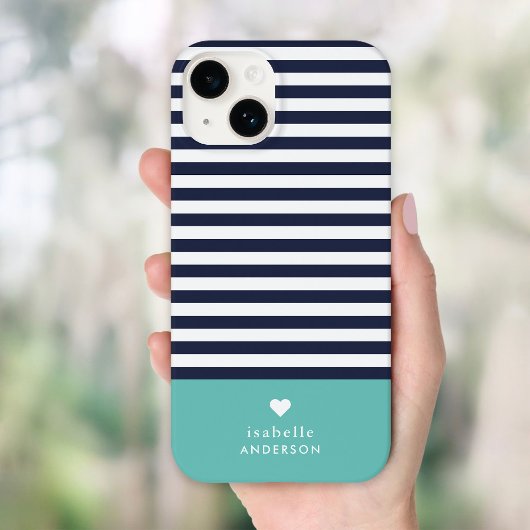 Navy Blue en Aqua Chic Stripes Heart Monogram Case-Mate iPhone Case
