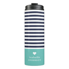 Navy Blue en Aqua Chic Stripes Heart Monogram Thermosbeker
