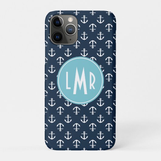 Navy Blue en Aqua Monogram Anchors Pattern Case-Mate iPhone Case (Achterkant)