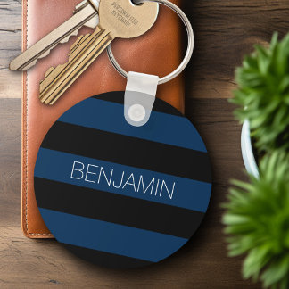 Navy Blue en Black Rugby Stripes met aangepaste na Sleutelhanger