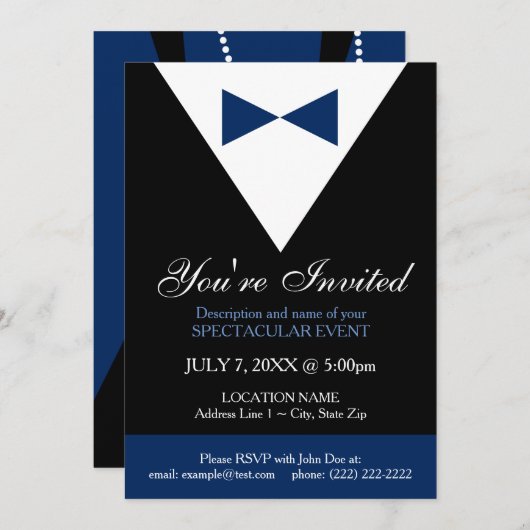 Navy Blue en Black Tux Invitation, Modern Kaart (Voorkant / Achterkant)