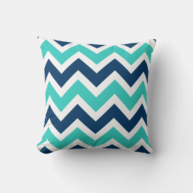 Navy Blue en Blauwgroen Chevron Zigzag Pattern Kussen (Voorkant)