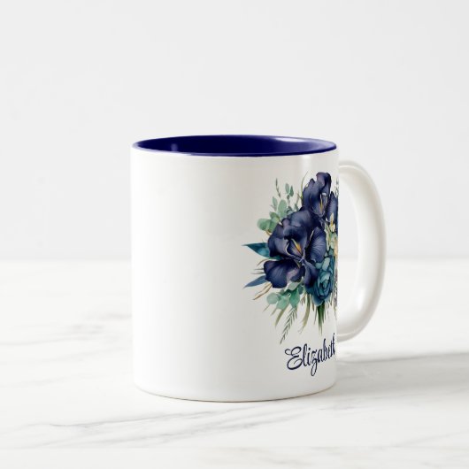 Navy Blue en Blauwgroen Floral Custom Name Mok (Voorkant rechts)
