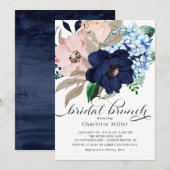 Navy Blue en Blush Bloemen Bruids Brunch Kaart (Voorkant / Achterkant)