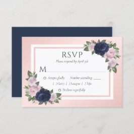 Navy Blue en Blush Bloemen Bruiloft RSVP Kaarten