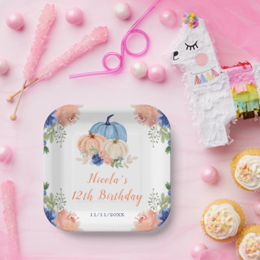 Navy Blue en Blush Bloemenpompoenen Verjaardag Papieren Bordje (Feest)