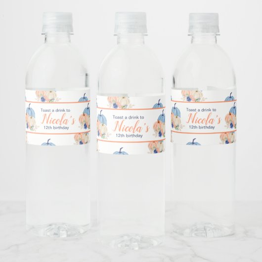 Navy Blue en Blush Bloemenpompoenen Verjaardag Waterfles Etiket (Flessen)