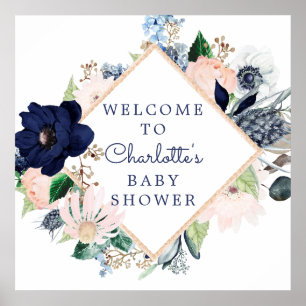 Navy Blue en Blush Floral Baby shower Welkom Poster