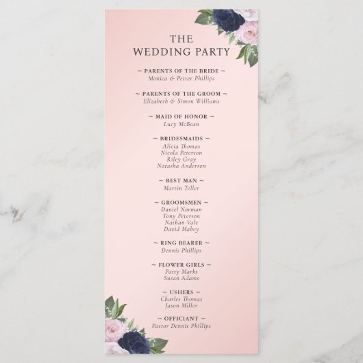 Navy Blue en Blush Floral bruiloft programma (Achterkant)