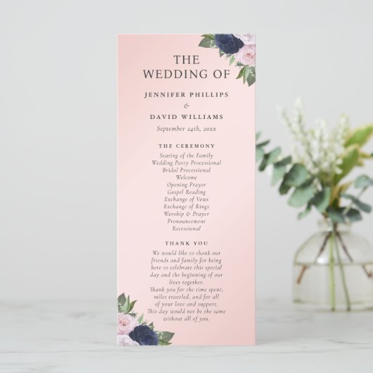Navy Blue en Blush Floral bruiloft programma (Staand voorkant)