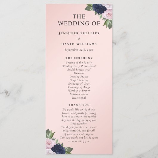 Navy Blue en Blush Floral bruiloft programma (Voorkant)