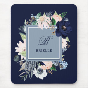Navy Blue en Blush Floral Naam en monogram Muismat
