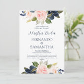 Navy Blue en Blush Floral Spain Wedding Kaart (Staand voorkant)