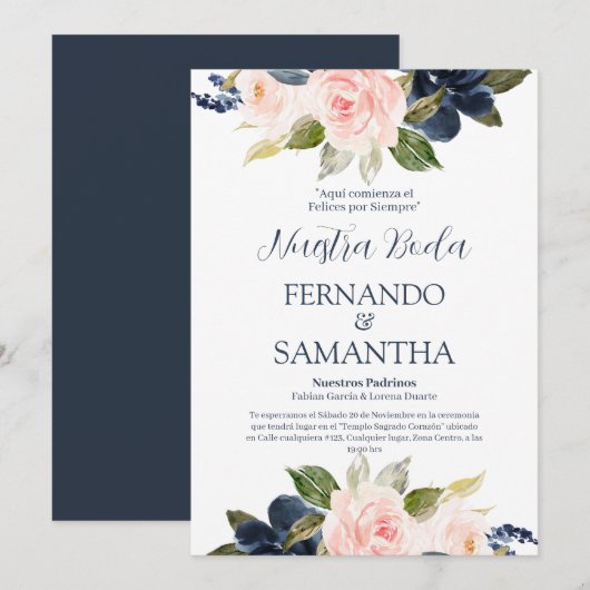 Navy Blue en Blush Floral Spain Wedding Kaart (Voorkant / Achterkant)