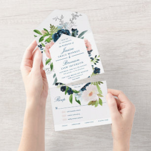 Navy Blue en Blush Floral Wedding All In One Uitnodiging