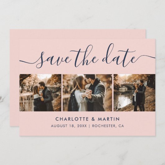 Navy Blue en Blush Modern Script Trouwfoto Save The Date (Voorkant / Achterkant)