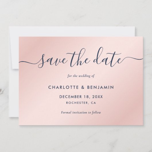 Navy Blue en Blush Modern Script Wedding Save The Date (Voorkant)