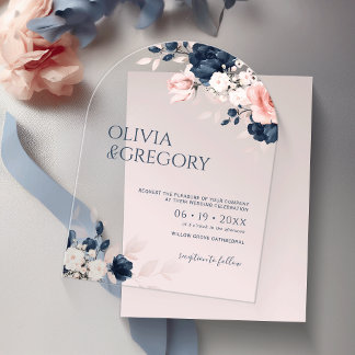 Navy Blue en Blush Pink Bouquet Wedding Acryl Uitnodigingen