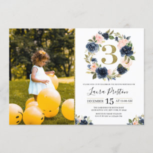 Navy Blue en Blush Pink Floral 3rd Birthday Foto Kaart