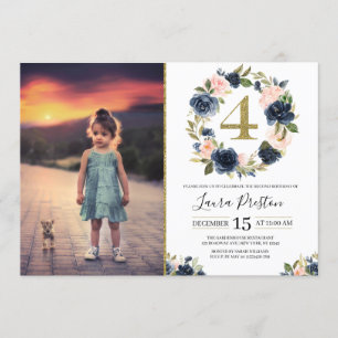 Navy Blue en Blush Pink Floral 4th Birthday Foto Kaart