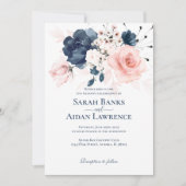 Navy Blue en Blush Pink floral bruiloft Kaart (Voorkant)