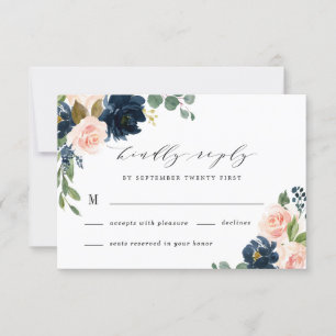 Navy Blue en Blush Pink Floral Country Weddenschap RSVP Kaartje