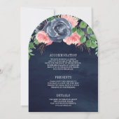 Navy Blue en Blush Pink Floral in één bruiloft Kaart (Achterkant)