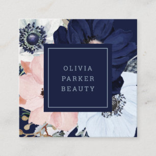 Navy Blue en Blush Pink Floral Vierkante Visitekaartje