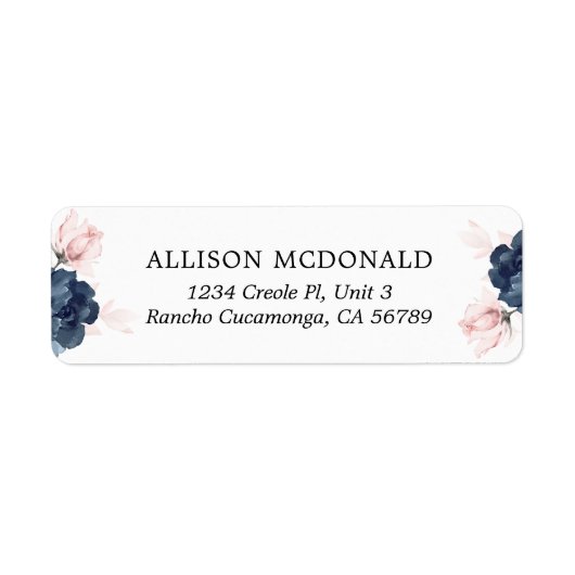 Navy Blue en Blush Pink Floral Wedding Etiket (Voorkant)