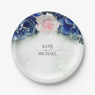 Navy Blue en Blush Pink Floral Wedding Papieren Bordje