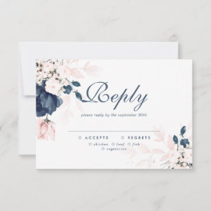 Navy Blue en Blush Pink Floral Wedding RSVP-kaart RSVP Kaartje