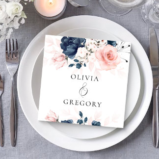 Navy Blue en Blush Pink Floral Wedding Servet