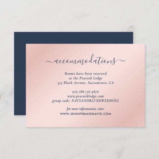 Navy Blue en Blush Wedding Hotel Accommodatie Informatiekaartje (Voorkant / Achterkant)