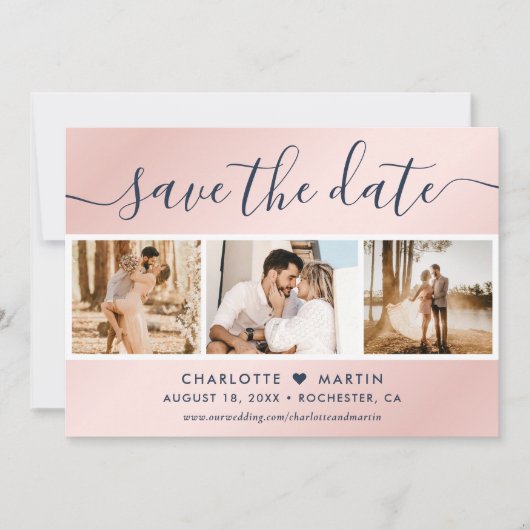Navy Blue en Blush Wedding Photo Collage Save The Date (Voorkant)