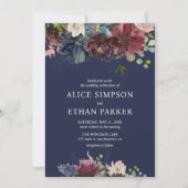 Navy Blue en Bourgogne Flowers Weddenschap Kaart (Voorkant)