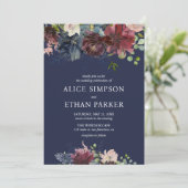 Navy Blue en Bourgogne Flowers Weddenschap Kaart (Staand voorkant)