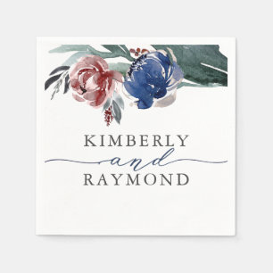 Navy Blue en Bourgondië Elegante Bloemenbruiloft Servet