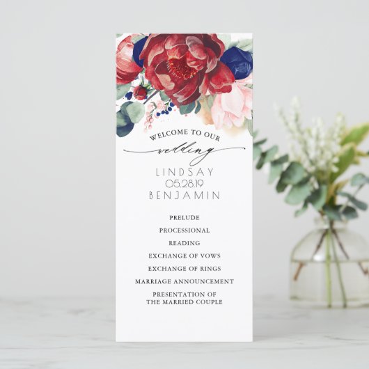 Navy Blue en Bourgondische rode bloemen bruiloft p Programma (Staand voorkant)