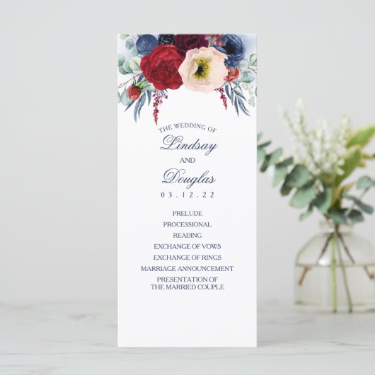 Navy Blue en Bourgondische rode bloemen bruiloft p Programma (Staand voorkant)