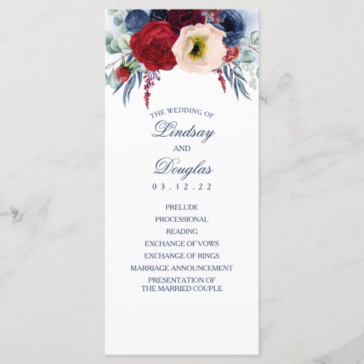 Navy Blue en Bourgondische rode bloemen bruiloft p Programma (Voorkant)