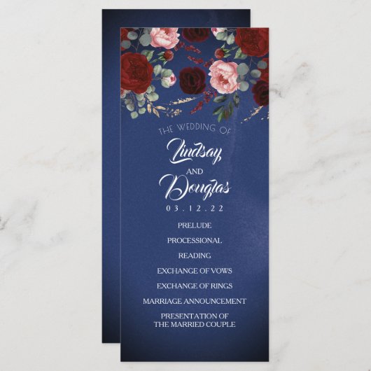 Navy Blue en Bourgondische rode bloemen bruiloft p Programma (Voorkant / Achterkant)