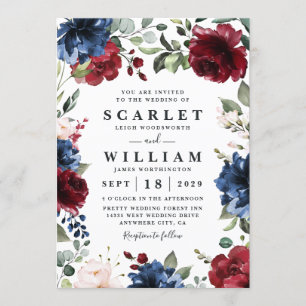 Navy Blue en Burgundy Blush Pink Floral Wedding Kaart