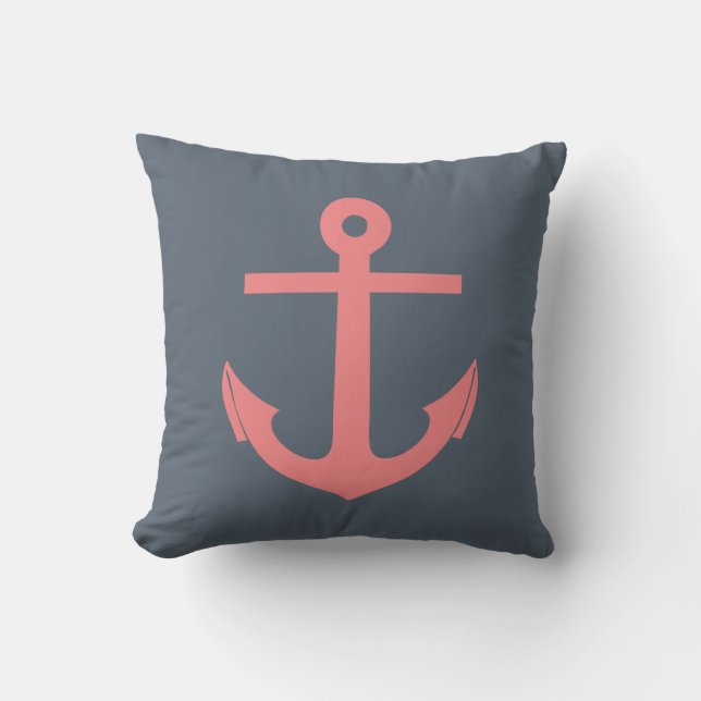 Navy Blue en Coral Anchor Nautical Kussen (Voorkant)