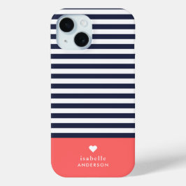 Navy Blue en Coral Chic Stripes Heart Monogram