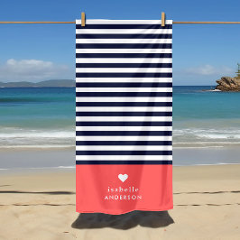 Navy Blue en Coral Chic Stripes Heart Monogram Strandlaken
