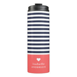 Navy Blue en Coral Chic Stripes Heart Monogram Thermosbeker