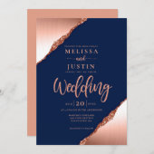 Navy Blue en Coral Glitter Wedding Invitation Kaart (Voorkant / Achterkant)