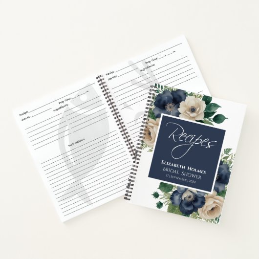 Navy Blue en Cream Bloemen Vrijgezellenfeest Recep Notitieboek (Binnen)