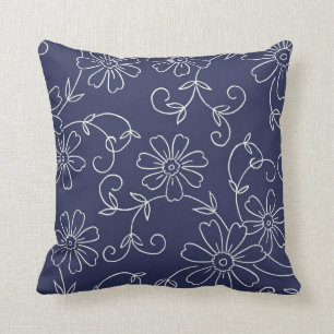 Navy Blue en Cream Floral Decorative Pillow Kussen