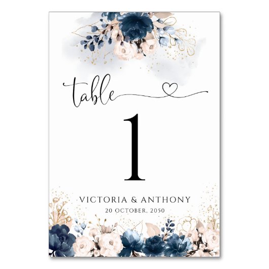 Navy Blue en Dusty Roos Trouwtafel Nummers Kaart (Achterkant)